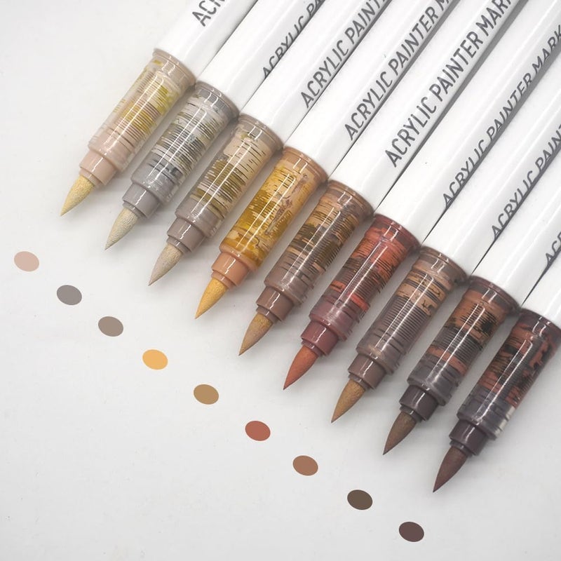 Yolaka Water Based Brown Acrylic Paint Markers, 9 Colors Acrylic Paint Pens Set with Soft Brush Tip, Marker Pen for Rock Painting, Egg, Wood, Glass, Paper, Mugs, Acrylic Painter Ink (Maillard Series) - Image 1